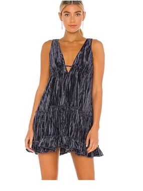 Sleeveless V-Neck Crushed Velvet Mini Dress - Blue FREE PEOPLE